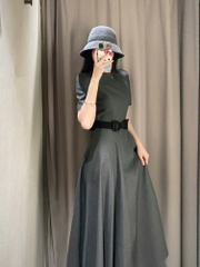 DAM147- VÁY xoè li dọc kèm nơ eo màu ghi