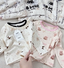 CB174-Combo 2 bộ NƠ VIỀN REN dài tay chất zip bé gái