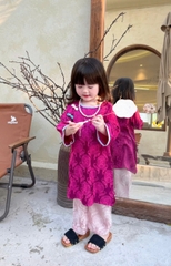 Bt768- Bộ áo dài bé gái cách tân đính khuy tàu 2 màu TẶNG  kèm vòng