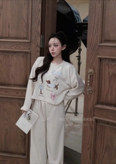 Set757- Bộ mặc nhà áo nỉ dài tay phối quần suông be