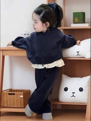 BN111-Bộ nỉ dài tay kéo khoá xanh than phối trắng bé gái