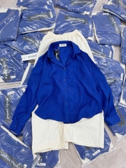 Set677-Set áo đũi xanh coban mix quần đũi màu be suông