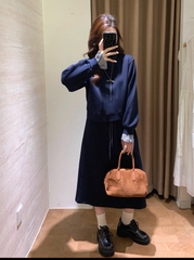 set745- SET ÁO CHÂN VÁY NỈ màu than tay phối kẻ cạp chun