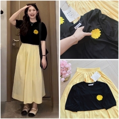SET737- Bộ áo len tăm đen thêu hoa phối chân váy midi