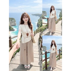 SET999- Set áo đũi be phối quần ống suông Tặng kèm dây đai