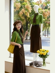 🍃SET850- Set áo cotton xanh rêu mix CVnâu socola