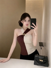 A658-Áo len cổ yếm phối nâu trắng sang chảnh