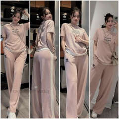 SET479-SEt bộ tăm nhung màu hồng chữ in phối viền trắng quần suông