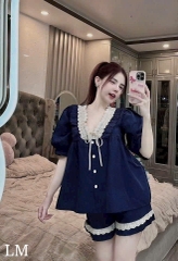 SET490-Bộ cộc  đũi tằm màu than viền ren cạp chun