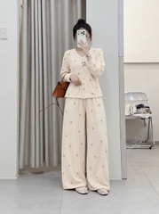 Set1081- Set pijama díp lông mềm màu be đính nơ