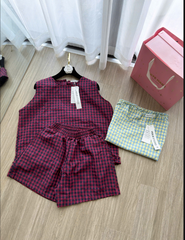 SET1001- Set áo đũi sát nách kẻ 2 màu xanh hồng