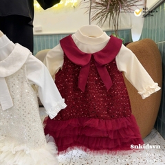 Bt791- set đầm Nơ  dạ bé gái bè màu đỏ 2 lớp CV có lót