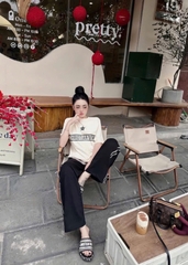 SET461- Set bộ áo be DI mix quần suông viền sọc