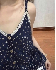 SET955-Set mặc nhà áo 2 dây hoa nhí phối quần cộc viền ren có sẵn đệm ngực