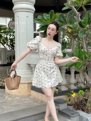 Đầm hoa thêu xếp ly ngực đai liền dánv ngắn