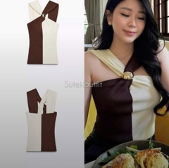 A658-Áo len cổ yếm phối nâu trắng sang chảnh
