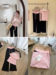 Set1035-Set áo thun bi hồng phối quần loe đen