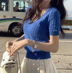 A645- Áo len thừng xanh dương cộc tay màu hot 2026