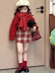 SETKID013- Set áo len đỏ trẻ em mix CV dạ kẻ có lót quần
