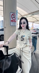 Set777- Bộ dạo phố áo thun in hình phối quần suông dài cạp chun 2 màu be đen