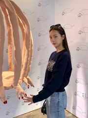 A458- Áo len cổ tròn in chữ xanh-trắng full tem