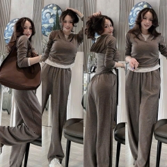 SET813- Bộ mặc nhà áo nỉ díp lông có mũ nâu phối quần suông