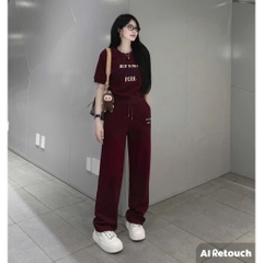 SET468- Set trắng đỏ JOY in thêu sắc nét áo bo chun mix quần suông