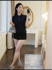 A429- Áo len dệt kim cộc tay cổ bẻ màu xanh than