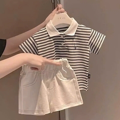 BT821Booj áo polo kẻ ngang nâu mix quần kaki chạy chỉ đen