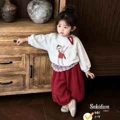 dami19- Set nỉ hai da thỏ quần bom chấm bi màu đỏ viền ren