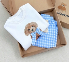 BN159-Bộ nỉ GẤU KẺ XANH bé gái VNXK