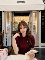A728- Áo len thừng cộc tay đỏ thêu ngựa Camilla