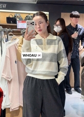 A472- Áo len kẻ ngang to phối cổ bẻ thêu tag 2 màu