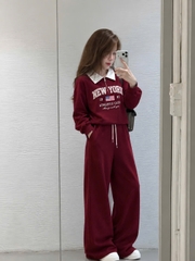 SET1059- Bộ nỉ haida đỏ có cổ NY phối quần suông