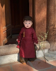 Bt825- Bộ áo dài đũi đỏ xước- nâu  bé trai kèm vấn đầu