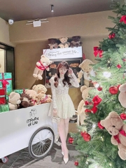 SET360- Set áo ren đệm vai phối chân váy xếp ly nơ eo