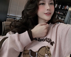 Set836- Set nỉ lông thỏ màu hồng phối viền đen hình ngựa