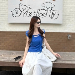 SET651-Set áo thun xanhcách điệu phối chaanvays midi trắng thô