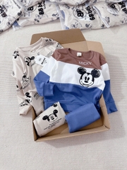 CB178- Combo 2 bộ thun dài tay bé trai Mickey kẻ ngang xanh nâu VNXK