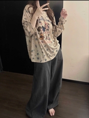 Set1038- Set dài tay ngựa xanh phối quần suông dài 100 cm