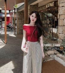 SET390-Set áo trễ vai đỏ phối quần suông kẻ