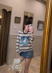 A671- Áo thun giấy KITTY kẻ ngang xanh dài tay