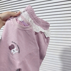 Bt733- Bộ nỉ bông mềm màu hồng quần viền ren bé gái