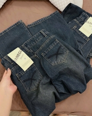 QUAN014-QUẦN JEANS SUÔNG RÁCH 2 BÊN MÀU ĐẬM