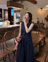 SET1014- Set áo đũi linen sát nách phối quần suông xanh than