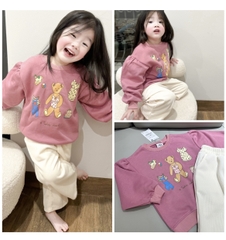 BN113- Bộ áo nỉ bông hồng TEDDY mix quần suông trẻ em VNXK