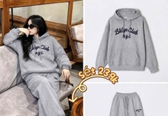 Set1050- Set áo nỉ mũ xám phối quần suông