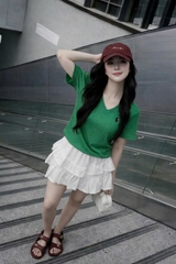 A561-Áo thun cổ tim màu xanh đủ tem
