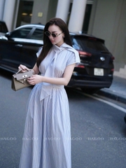 Dam123- Đầm midi dáng dài kẻ xanh nơ cổ