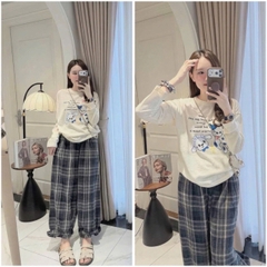 SET1080- Bộ mặc nhà áo cotton phối quần kẻ bo ống
